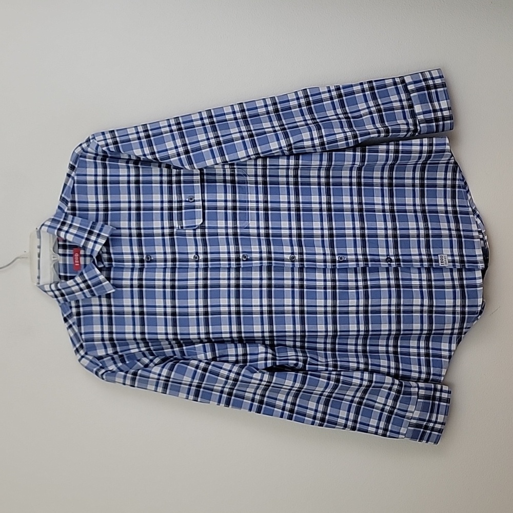 Izod Blue, Black & White Plaid 100% Cotton Long Sleeve Shirt Mens M